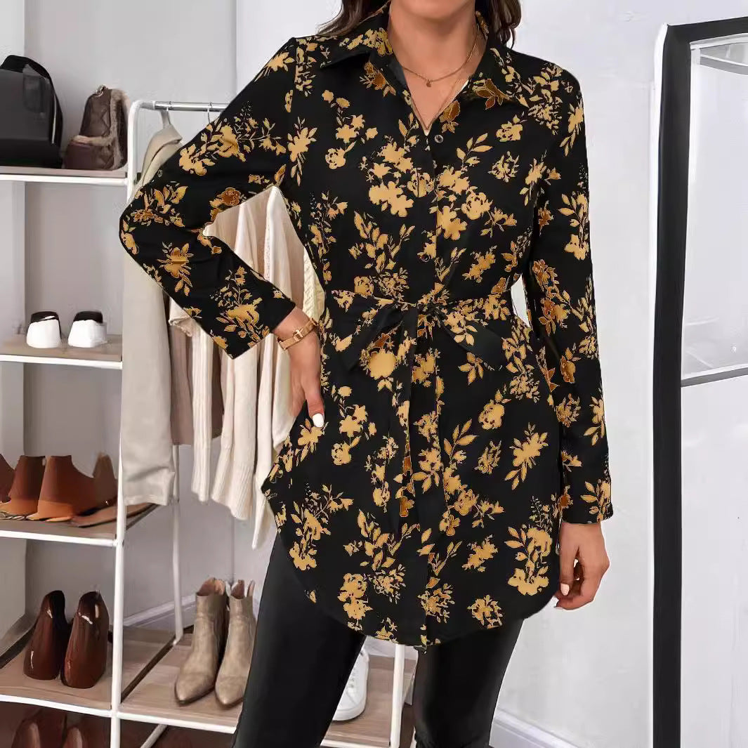 Damen nan lockere Hemdblusen-Tunika mit floralem Allover-Print, Bindegürtel und Krempelärmeln Echo Archiv