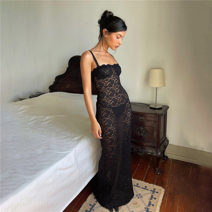 Damen Spitzenkleid mit verführerischem Schlitz und Spaghettiträgern Echo Archiv