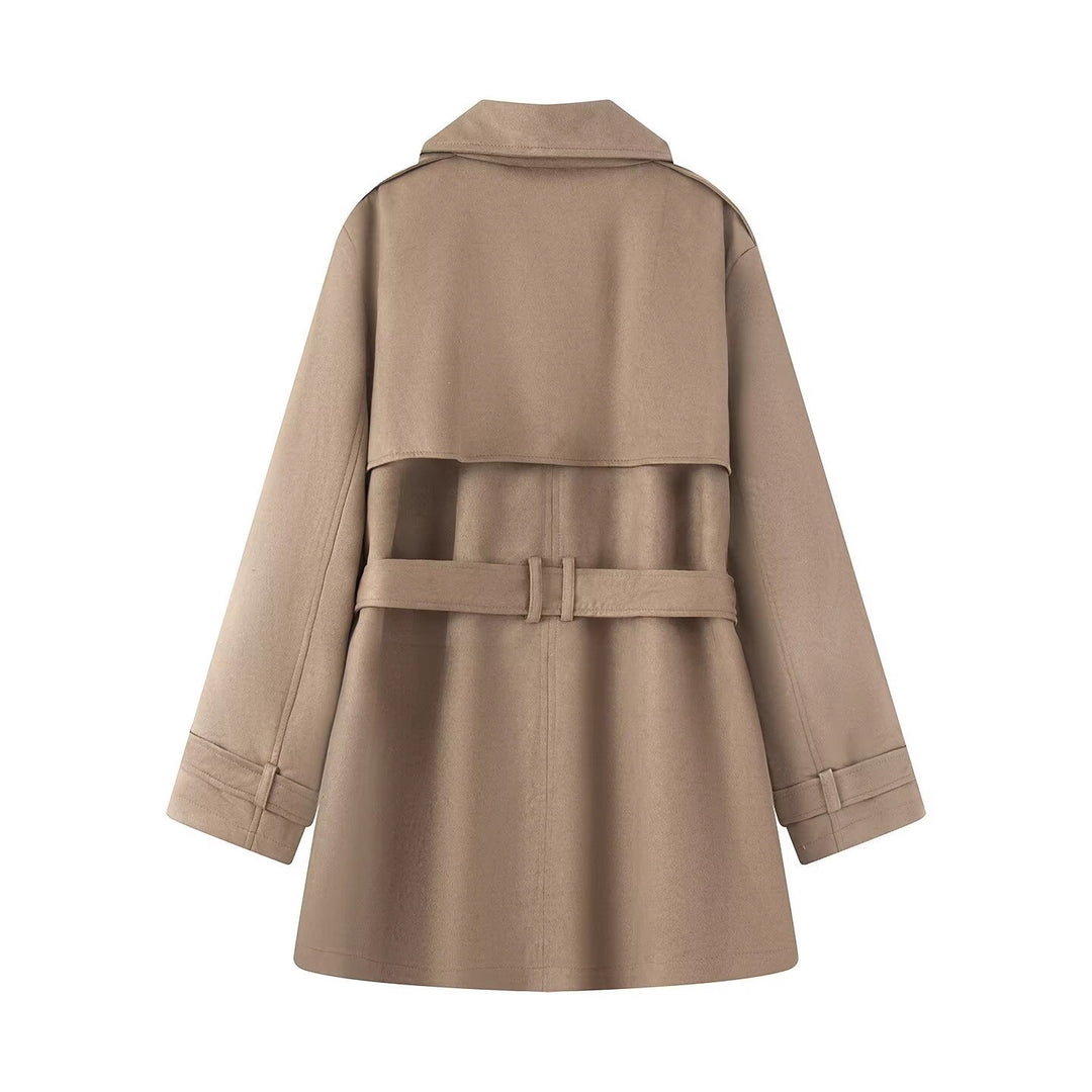 Damen Taillierter Wildlederoptik-Trenchcoat mit Bindegürtel und doppelreihiger Knopfleiste Echo Archiv