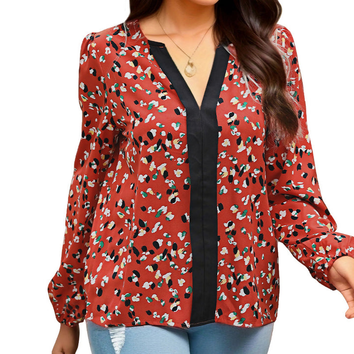 Damen Locker geschnittene V-Ausschnitt-Bluse mit kontrastierter Zierblende und Allover-Print Echoarchiv