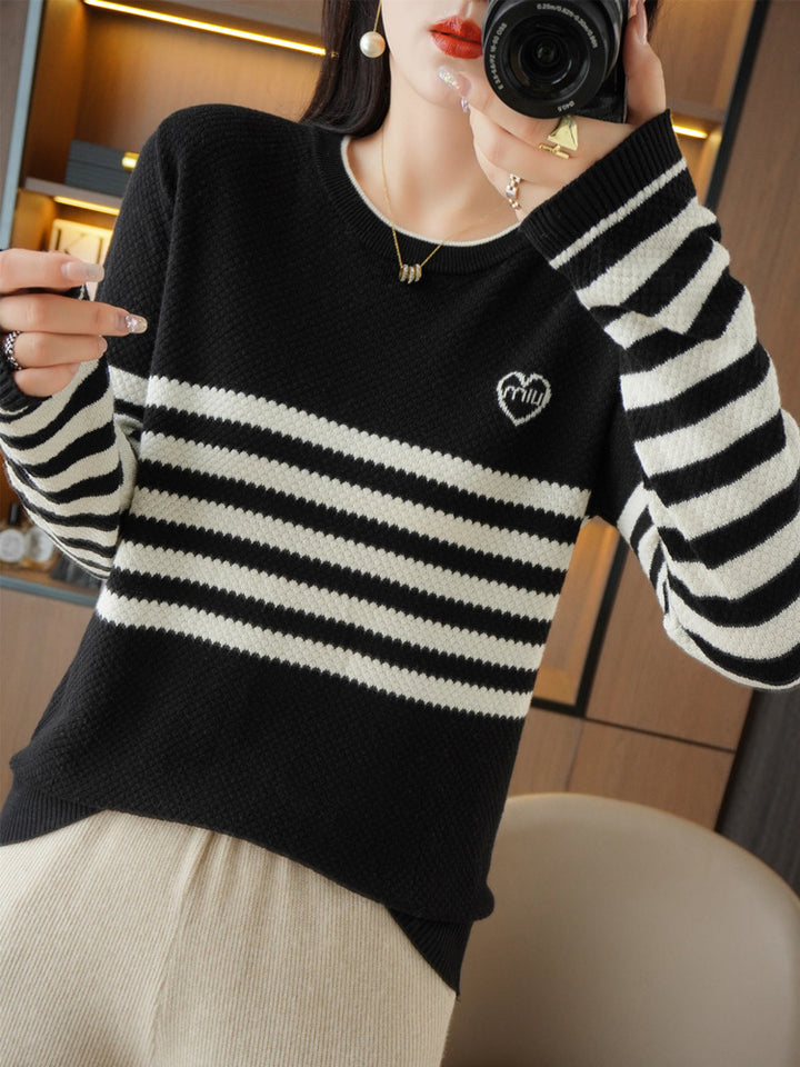 Damen Oversize-Strickpullover mit Wabenstruktur, kontrastierenden Streifen und dezentem Herzlogo Echoarchiv
