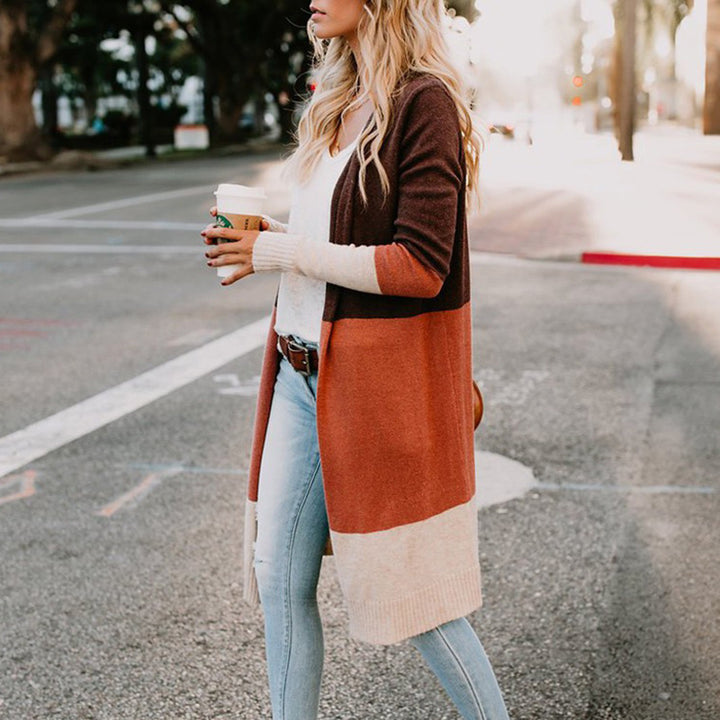 Damen Longline-Cardigan mit Colorblock-Design, offener Front und Rippsaum Echo Archiv