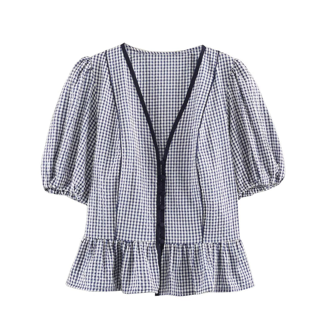 Damen Karierte V‑Neck‑Bluse mit Puffärmeln und Volantsaum Echo Archiv