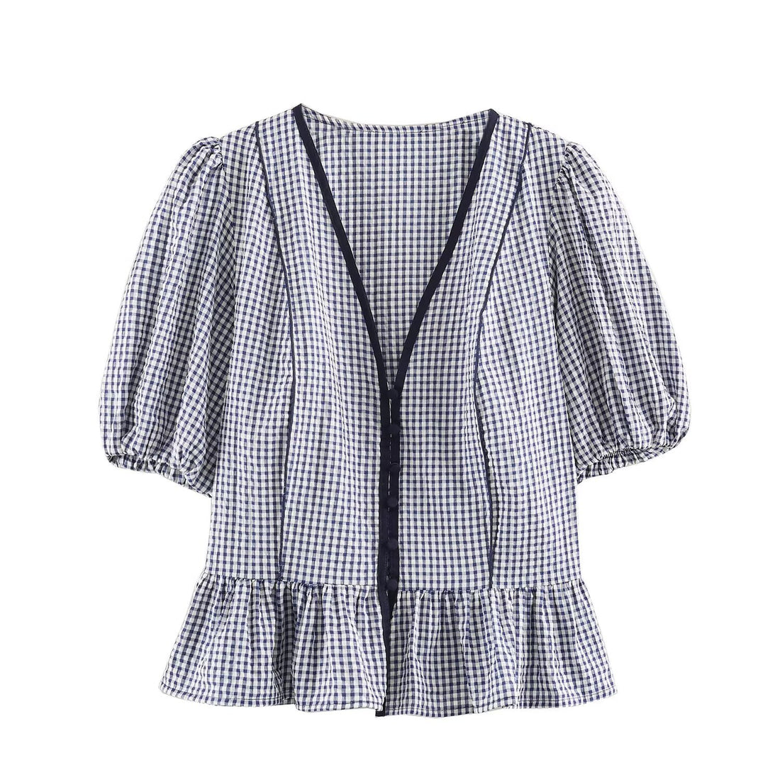Damen Karierte V‑Neck‑Bluse mit Puffärmeln und Volantsaum Echo Archiv
