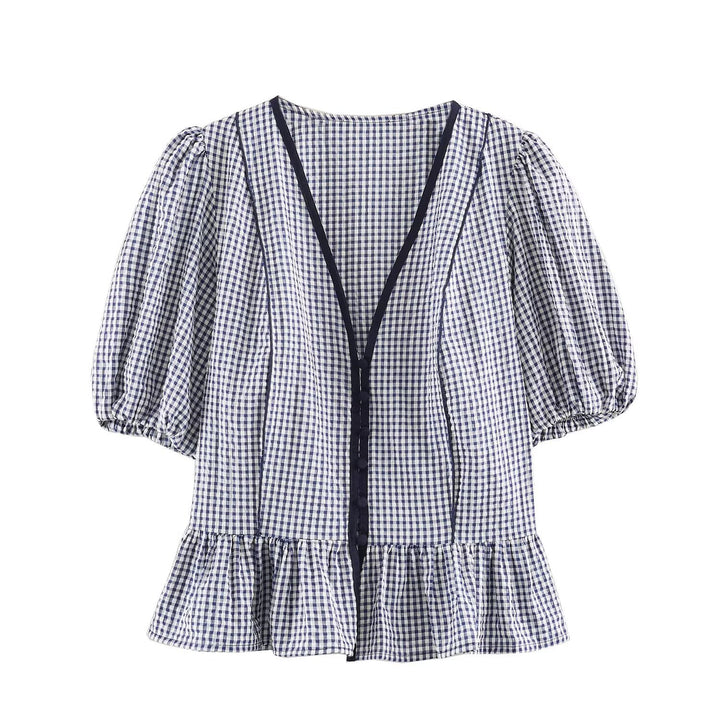 Damen Karierte V‑Neck‑Bluse mit Puffärmeln und Volantsaum Echo Archiv