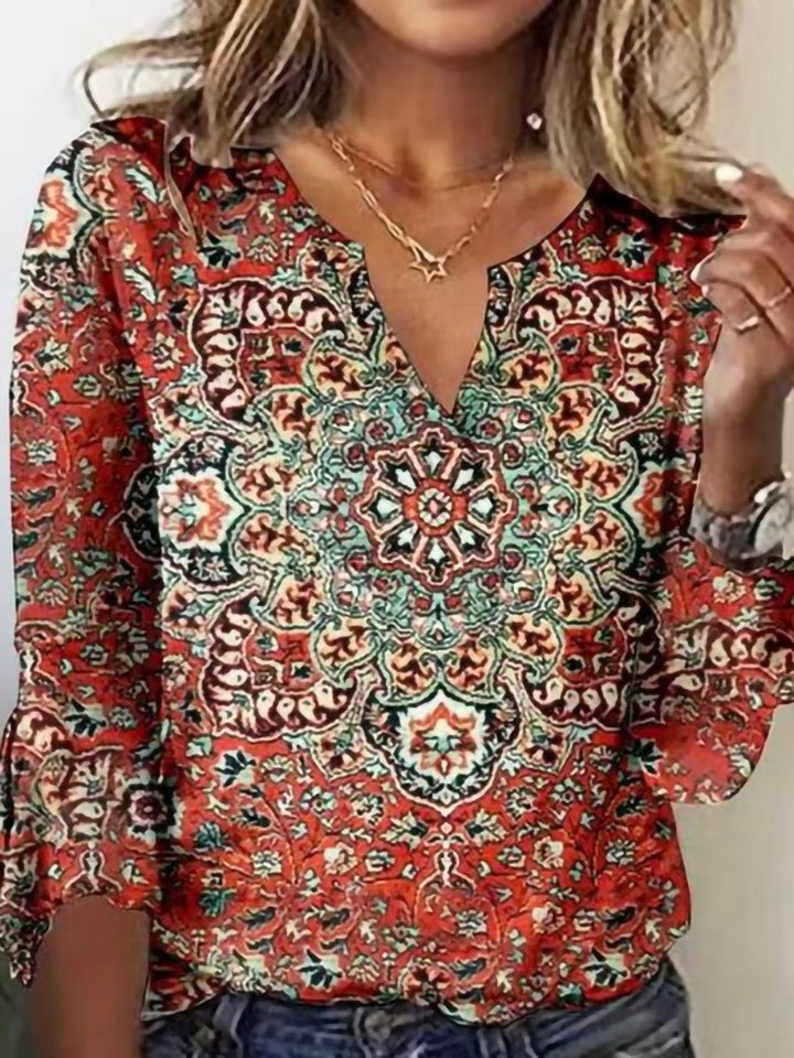 Damen Boho-Tunika-Bluse mit Mandala-Print, V-Ausschnitt und dreiviertel Ärmeln – Élovi