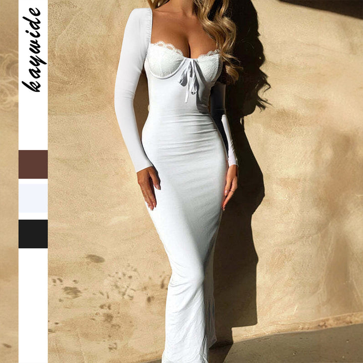Damen nan eng anliegendes Bodystyle-Maxikleid mit Spitzen-Bustier, Schnürdetail und leichtem Schleppeffekt Echo Archiv