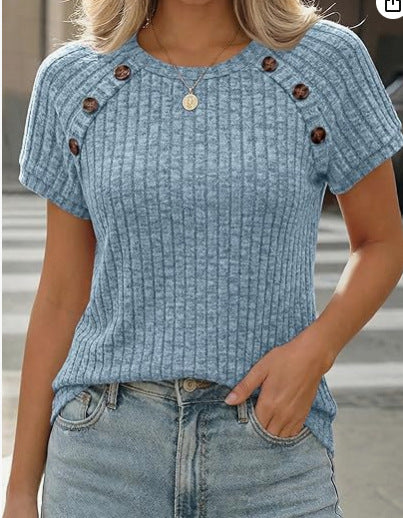 Damen lässiges Rippenstrick-T-Shirt mit Knöpfen Echo Archiv