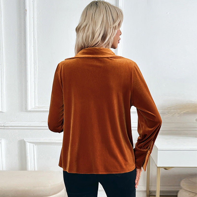 Damen Samtbluse mit Wasserfalldrapierung, Hemdkragen und Ballonärmeln Echoarchiv