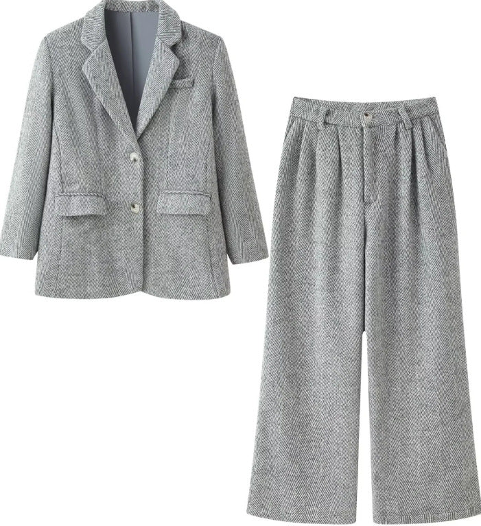 Damen Zweiteiliges Tweed-Blazer- und Culotte-Set mit Fischgrätstruktur Echo Archiv