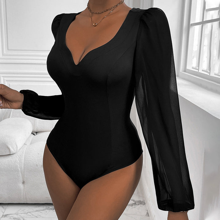 Damen Figurbetontes Body-Top mit herzförmigem Ausschnitt, Puffärmeln und taillierter Silhouette – Bodéline