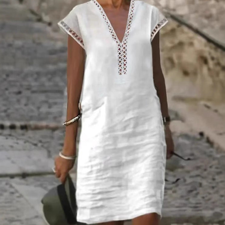 Damen nan leichtes Leinen-Midikleid mit V-Ausschnitt und gehäkeltem Ajourbesatz Echo Archiv