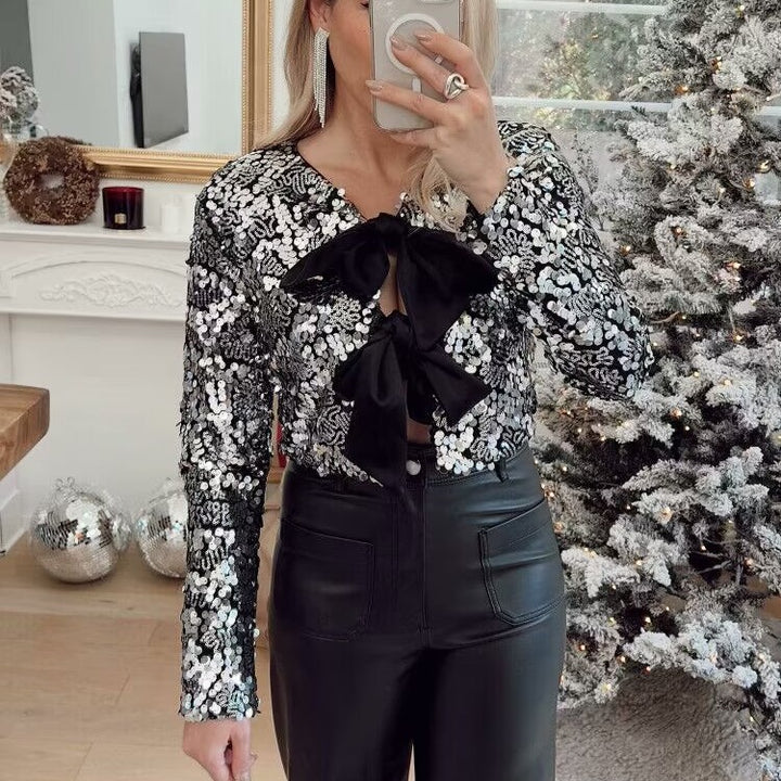 Damen Pailletten-Bolerojacke mit doppelt gebundenen Satin‑Schleifen und kurzer Cropped‑Silhouette – Célinea