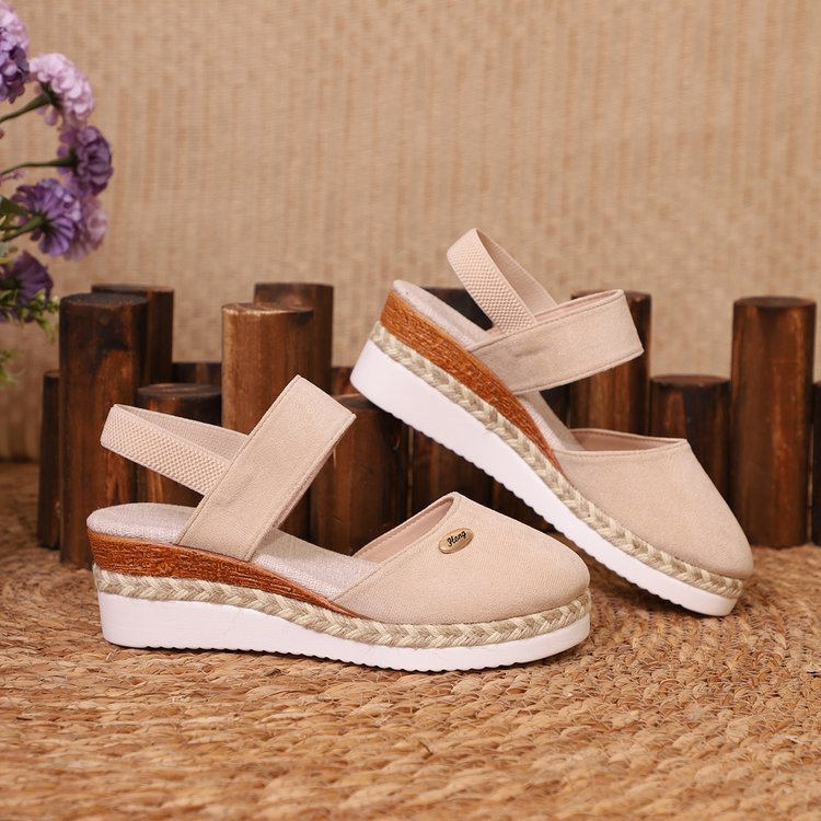 Damen  Espadrille-Keilpantoletten mit elastischem Fersenriemen, Veloursoptik-Obermaterial und geflochtenem Jute-Plateau Echo Archiv