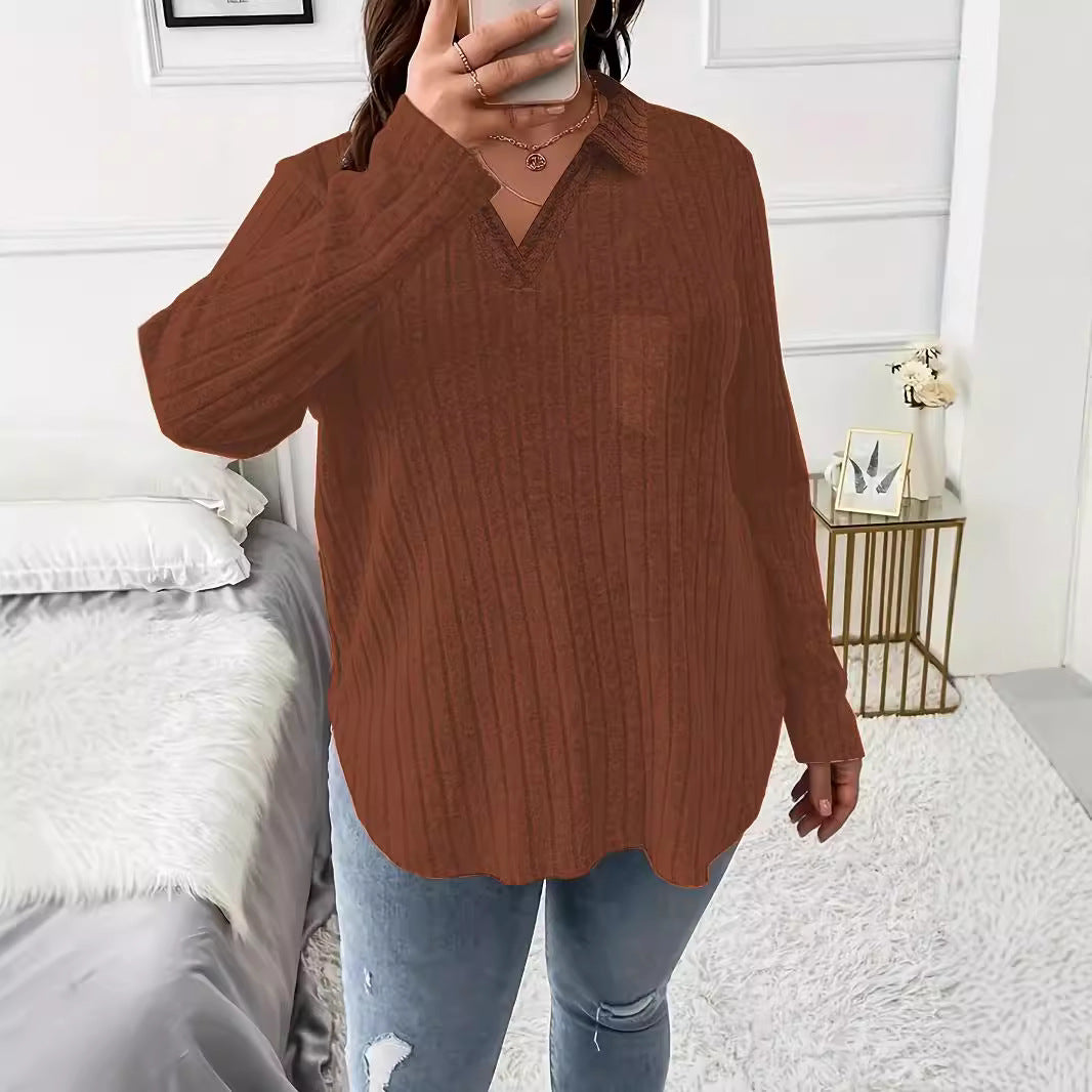 Damen Gerippter V-Ausschnitt Pullover mit Hemdkragen und lockerer Tunika-Silhouette Echoarchiv
