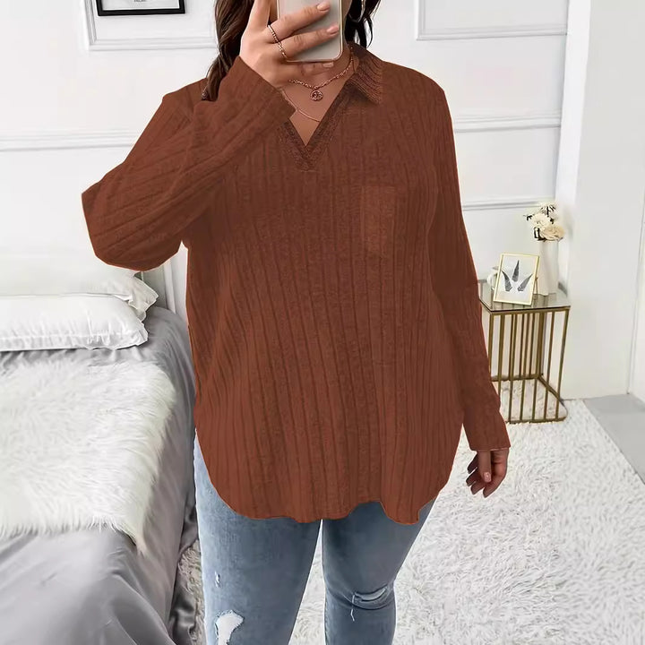 Damen Gerippter V-Ausschnitt Pullover mit Hemdkragen und lockerer Tunika-Silhouette Echoarchiv