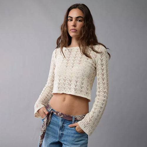 Damen Feinstrick-Cropped-Top mit Ajourmuster und Rundhalsausschnitt Echoarchiv