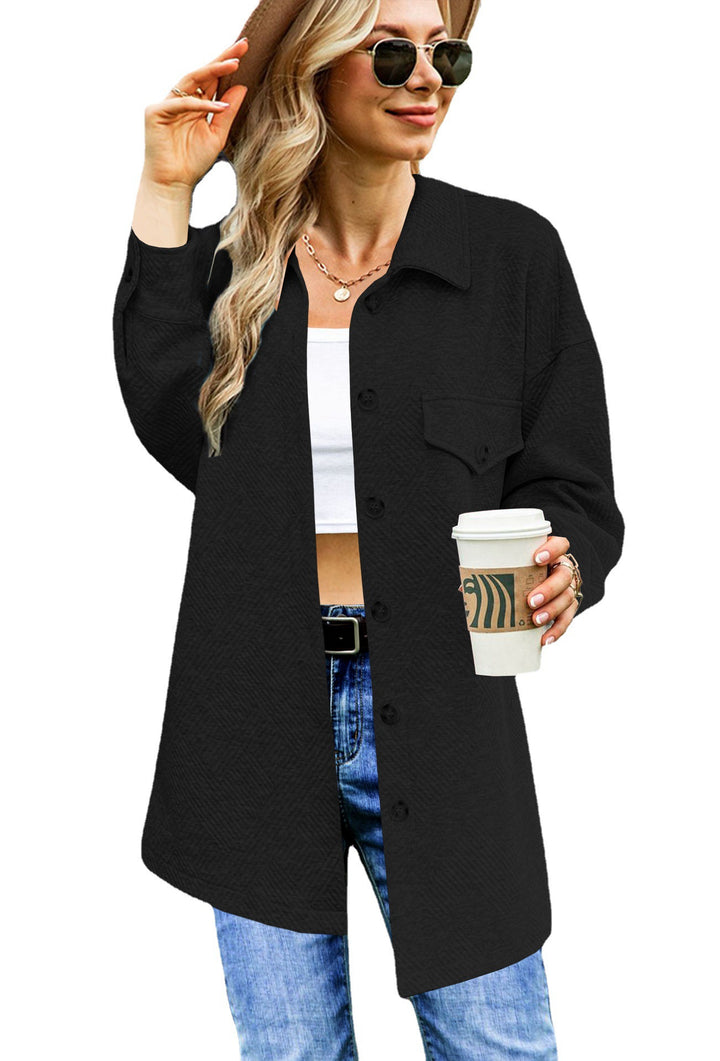 Damen Longline Oversize Hemdjacke mit aufgesetzten Pattentaschen und Strukturstoff – Célinea