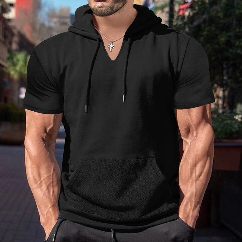 Herren lässiges Kurzarm-Kapuzen-T-Shirt mit V-Ausschnitt und praktischer Kängurutasche Echoarchiv