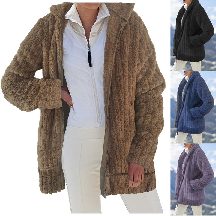 Damen Oversize Teddy‑Fleece Kapuzenmantel mit Rippbündchen und Eingrifftaschen Echoarchiv