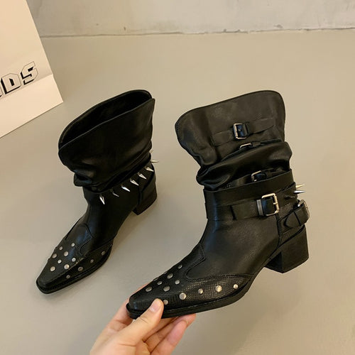 Damen Modische Stiefeletten mit Schnallen und Nieten – Varelle