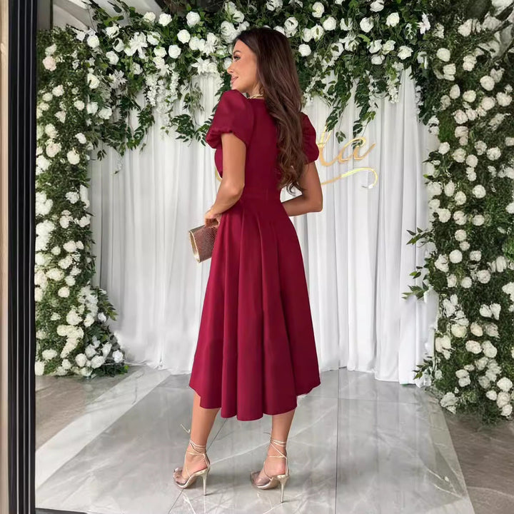 Damen A-Linie Kleid mit Puffärmeln und schmalem V-Ausschnitt – Élara