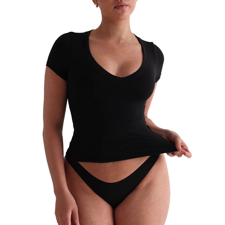 Damen figurbetontes V-Neck T-Shirt mit kurzen Ärmeln Echoarchiv