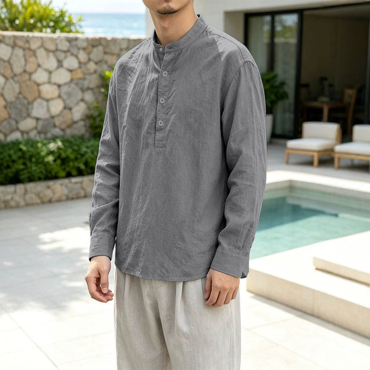 Herren Leinen-Mix Langarmshirt Henley mit Stehkragen Echoarchiv