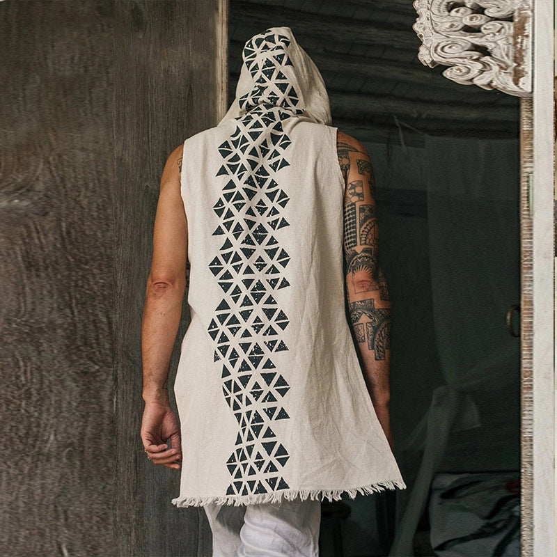 Herren ärmellose Leinenbluse mit Knopfleiste und fransierten Details Echoarchiv