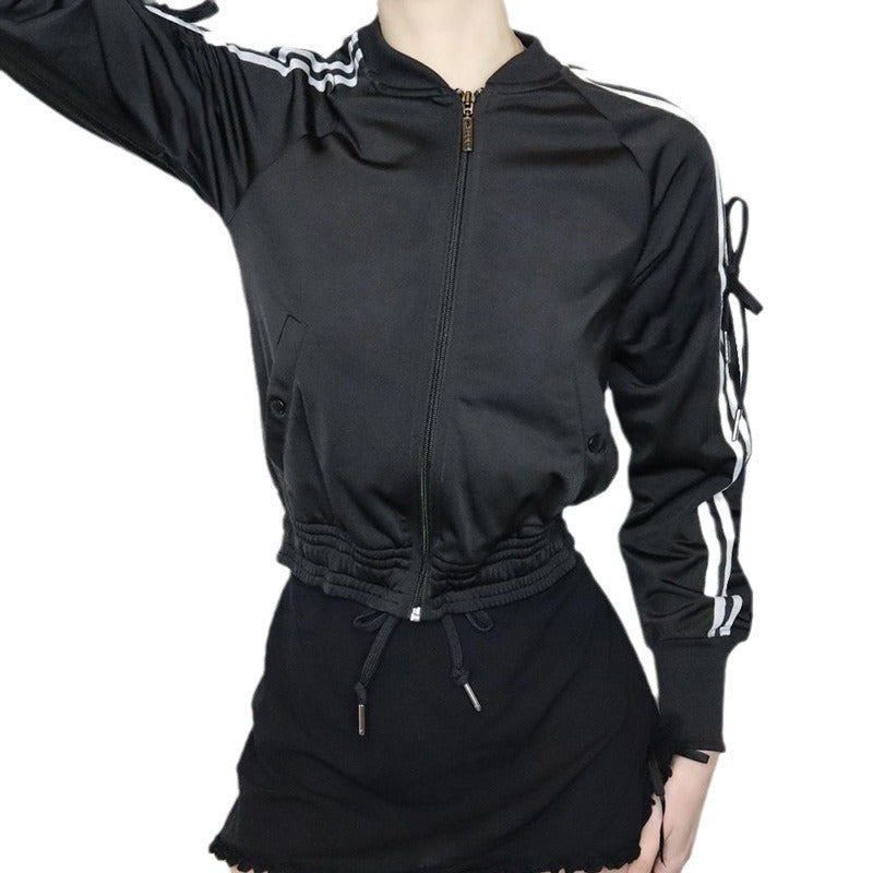 Damen nan sportive Zip-Jacke im Bomberstil mit seitlichen Streifen, Ärmel-Bindebändern und Kordelbund Echo Archiv