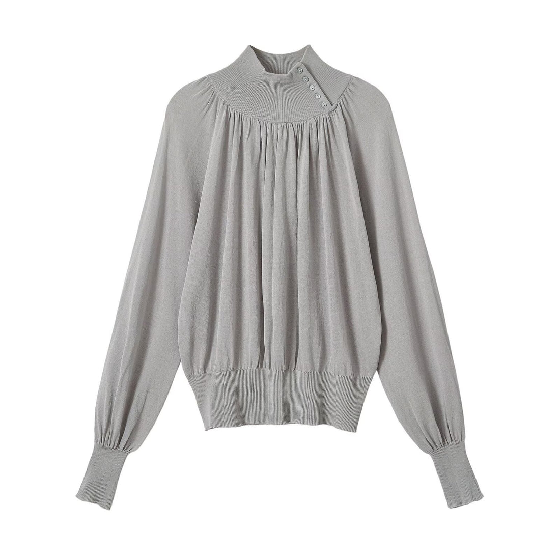 Damen Ballonärmel-Feinstrickpullover mit gerafftem Stehkragen und Knopfdetail Echoarchiv