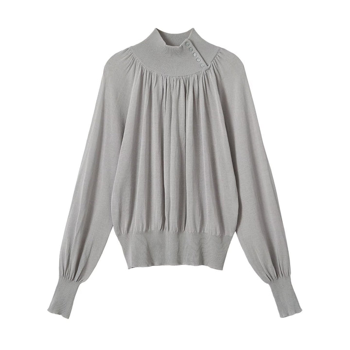 Damen Ballonärmel-Feinstrickpullover mit gerafftem Stehkragen und Knopfdetail Echoarchiv
