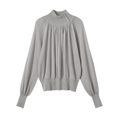 Damen Ballonärmel-Feinstrickpullover mit gerafftem Stehkragen und Knopfdetail Echoarchiv