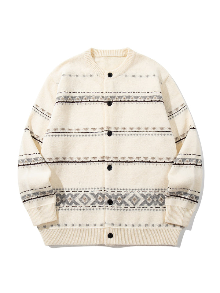 Unisex Strukturierte Jacquard-Strickjacke mit Rundhalsausschnitt, Oversize-Passform und Knopfleiste Echoarchiv