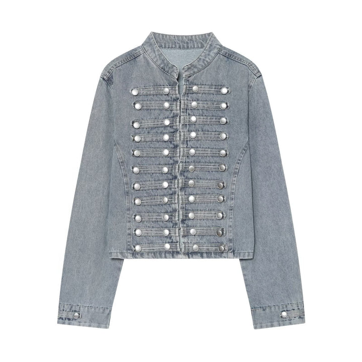 Damen Kurz geschnittene Denimjacke im Militärstil mit Stehkragen und Zierknopfreihen Echo Archiv
