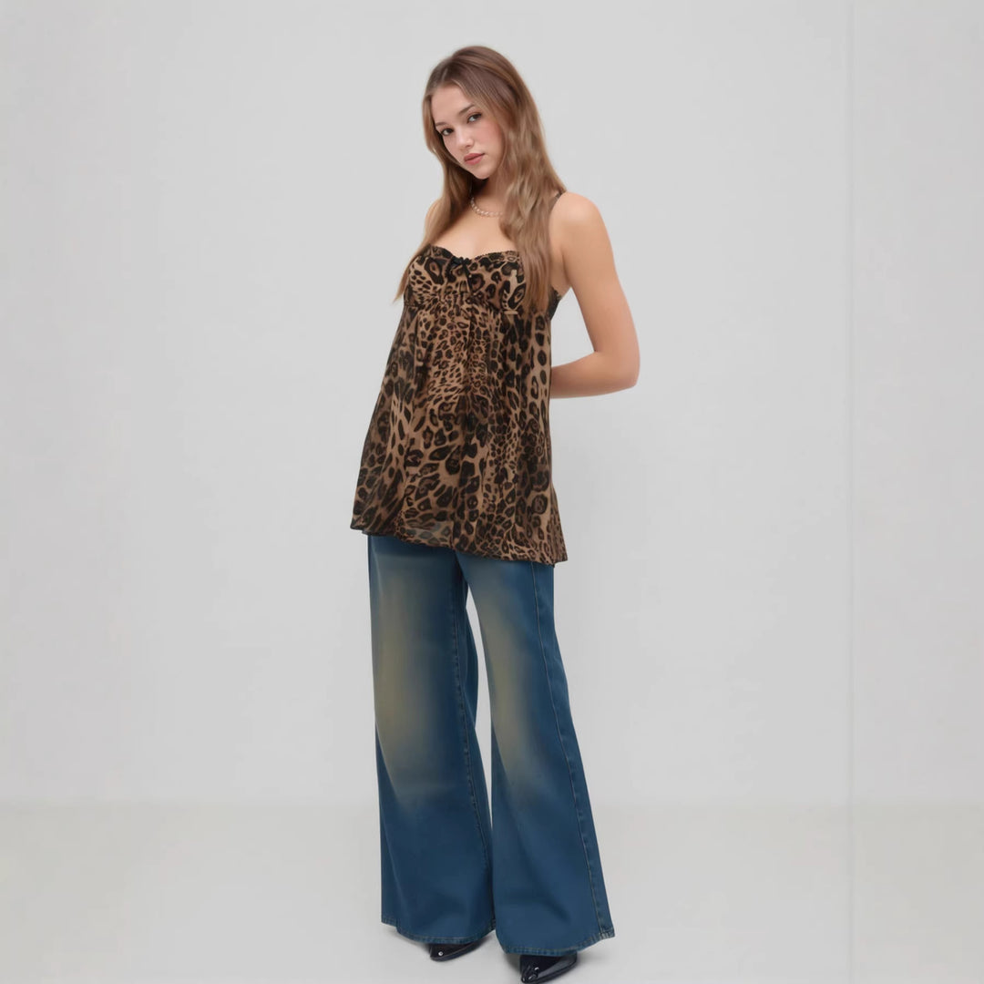 Damen Verspielt transparentes Spaghettiträgershirt mit Leopardenmuster Echo Archiv
