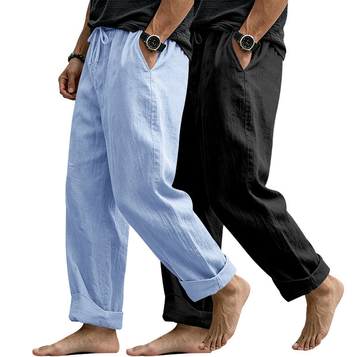 Herren Leinenmix-Loungehose mit elastischem Bund, Kordelzug und lockerer Passform Echoarchiv