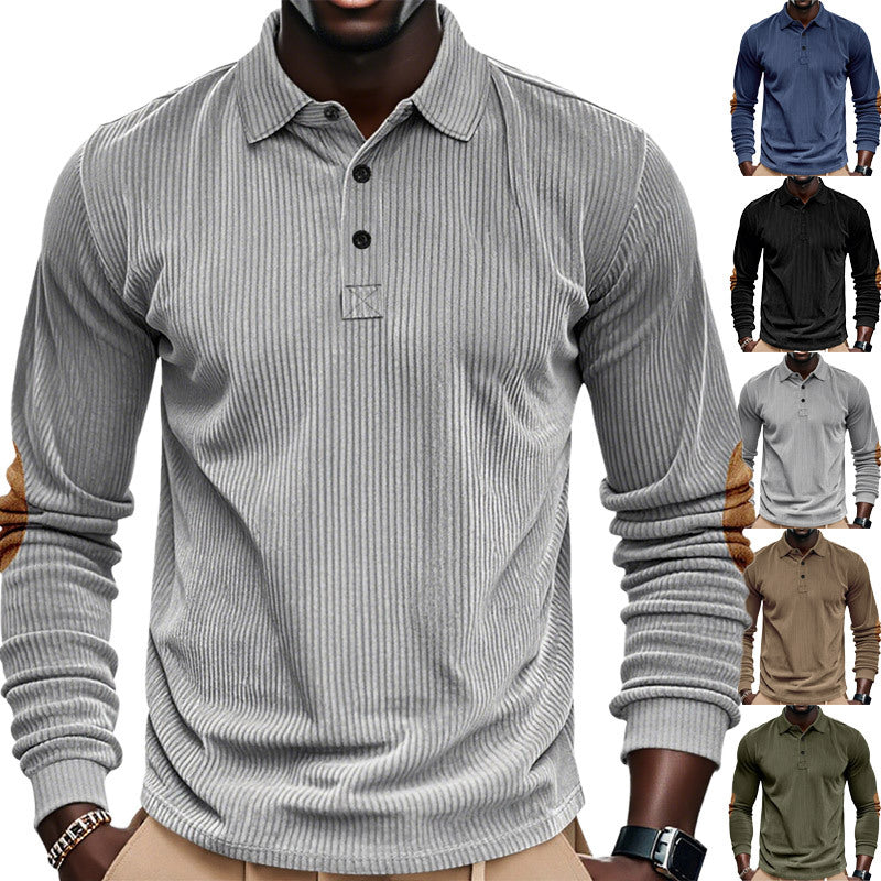 Herren nan geripptes Langarm-Poloshirt mit Henley-Knopfleiste und veloursähnlichen Ellbogenpatches Echo Archiv