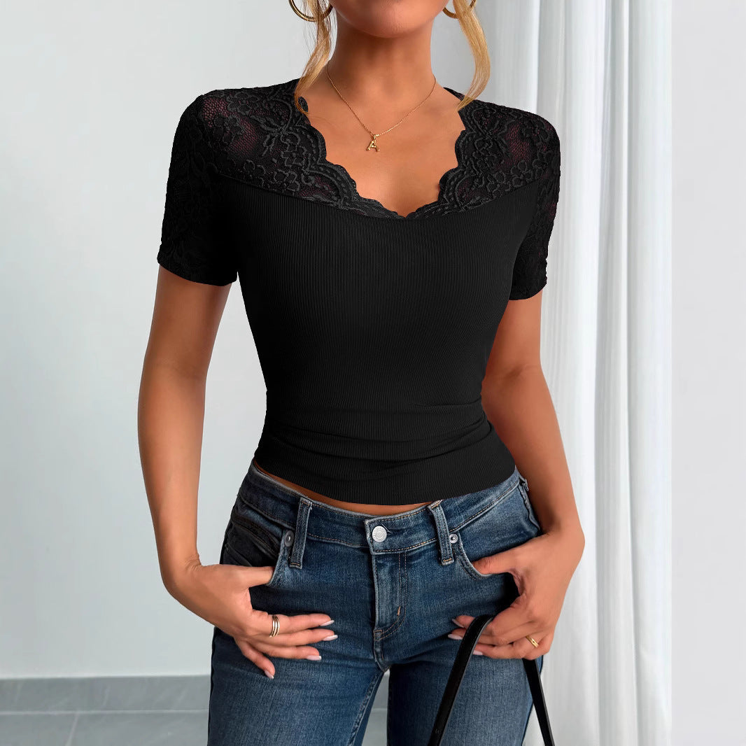 Damen Spitzen-Crop-Top mit elegantem Rundhalsausschnitt Echoarchiv