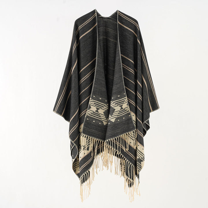 Damen Wollmix-Ruana im grafischen Ethno-Jacquard mit Fransensaum – Avérine