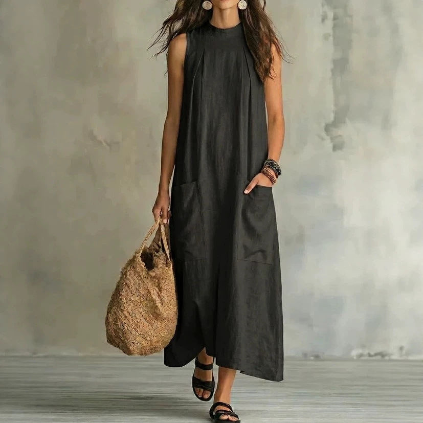 Damen nan ärmelloses Leinen-Maxikleid mit Stehkragen, Brustfalten und aufgesetzten Taschen Echo Archiv