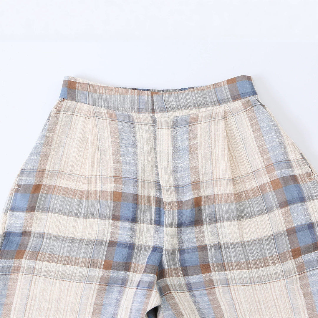 Damen Karierte Leinen-Mix Bundfaltenhose mit Tunnelzug und Schleifenbündchen Echo Archiv