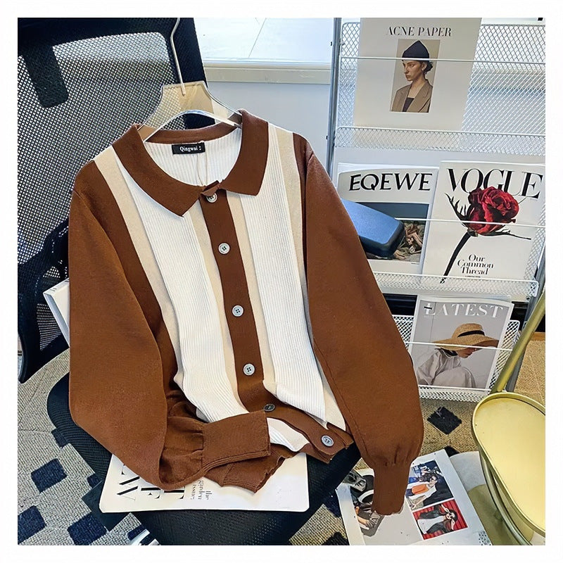 Damen Feinstrick-Cardigan mit Polokragen, kontrastierenden Rippeinsätzen und durchgehender Knopfleiste Echoarchiv