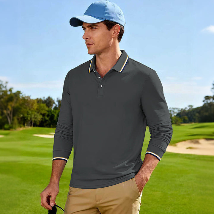 Herren Golf-Performance-Poloshirt langärmlig atmungsaktiv mit Kontrastkragen – Cavello