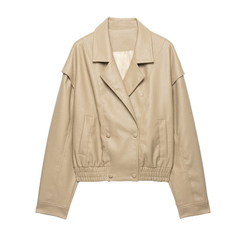 Damen Cropped Lederimitat-Blouson mit doppelreihiger Knopfleiste, weitem Revers und elastischem Saum Echo Archiv