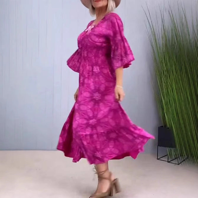 Damen nan luftiges Midikleid mit V‑Ausschnitt, Stufensaum und halblangen Volantärmeln Echo Archiv