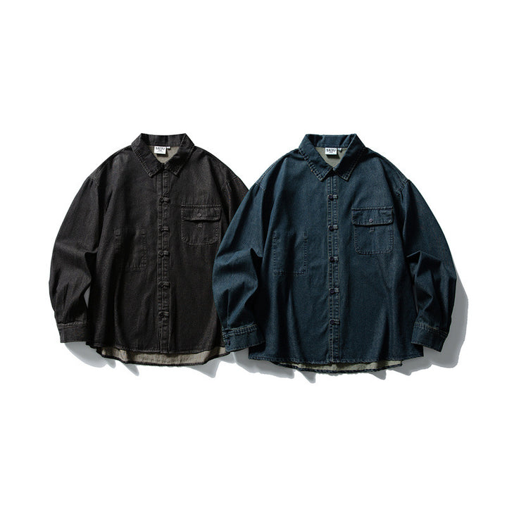Herren Oversized Denim‑Hemdjacke mit traditionellen Knotenknöpfen Echoarchiv