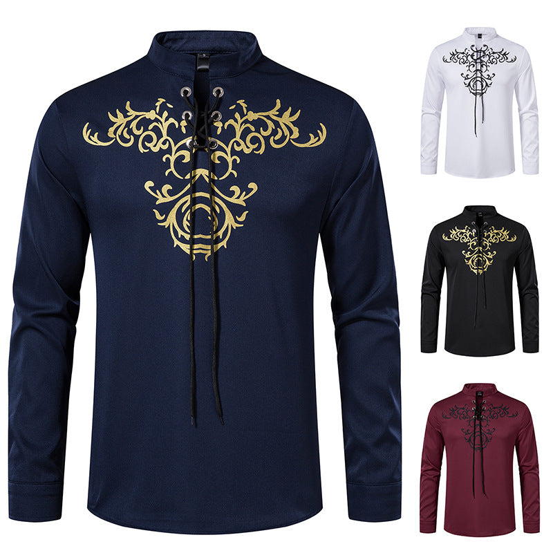 Herren Langarmshirt im asiatischen Stil mit kunstvollem Schnürungsdesign und modernen Akzenten Echoarchiv