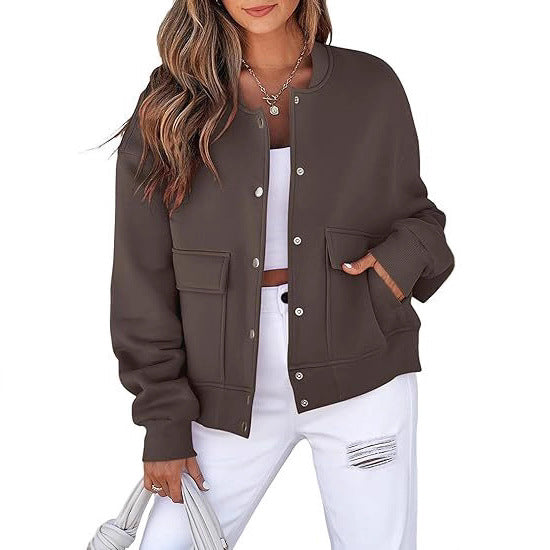 Damen lässige Oversize-Bomberjacke aus Sweatstoff mit Druckknopfleiste und aufgesetzten Taschen Echo Archiv
