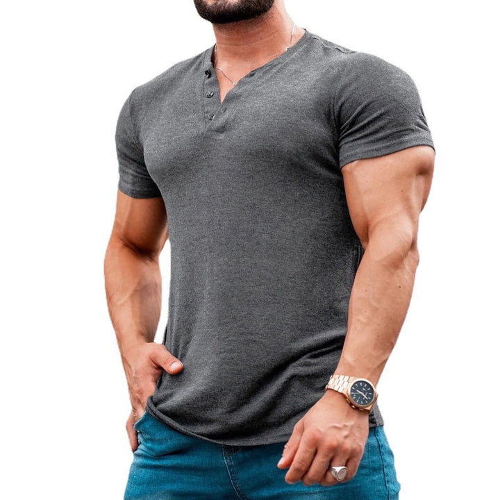 Herren nan muskelbetontes Kurzarmshirt mit Knopfleiste und V-Ausschnitt aus Baumwollstretch Echo Archiv